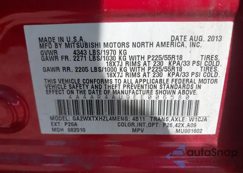 2014 Mitsubishi Outlander Sport Se из США, поврежденный, VIN 4A4AR4AU9EE006580